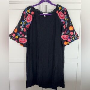 Umgee Black Linen Blend Embroidered Puff Sleeve Boho Tunic Dress | Size M|  NWT